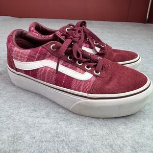 Vans Ward Platform Shoes Maroon Plaid Suede Sneakers‎ Womens Sz 6